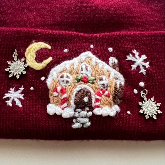 Burgundy Beanie with Embroidered Gingerbread Design - Picture 2 of 3